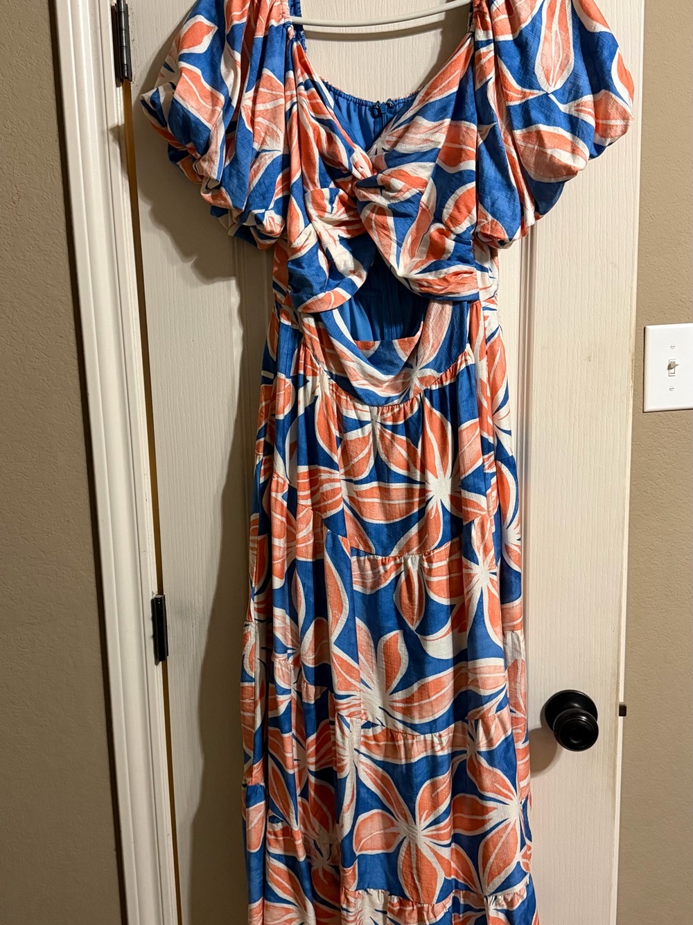 NWOT-Blue and Coral Floral Maxi Dress with Twist Front